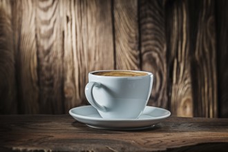 White coffee cup on vintage wood background