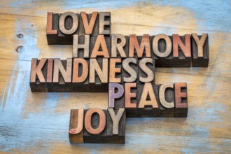 Love, harmony, kindness, peace and joy - inspirational word abstract in vintage letterpress wood
