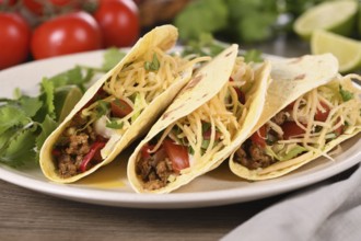 Taco with ground beef and avocado, cabbage and cheese. Mexican cuisine