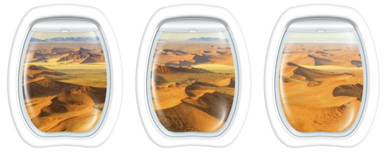 Three plane windows on Dead Valley, Sossusvlei desert in Namib Naukluft National Park, Namibia,