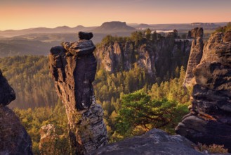 Sunrise, rocks, mountains, forest, Bastei, Wehlnadel, Saxon Switzerland, Germany, Europe