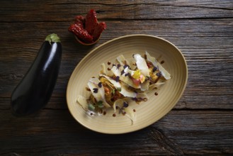 Aubergine and cheese recipe italian food on wood table
