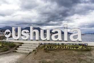 The lettering of the city of Ushuaia, Tierra del Fuego province, Argentina, South America