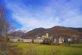 Biescas village skyline in Huesca Pyrenees of Spain