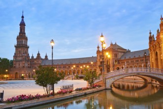 Seville Sevilla Plaza de Espana at sunset in Andalusia Spain square