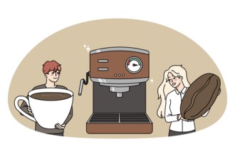 Diverse baristas make coffee in modern machine. Happy people prepare hot beverage espresso or