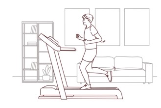 Young sportive man in sportswear running on racetrack at home. Toned motivated male do sports