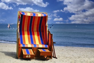 Beach chairs on Timmendorfer Strand on the Baltic sea with blue sky