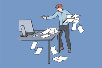 Clumsy employee collect scattered paperwork in office. Awkward tired male worker manage paper