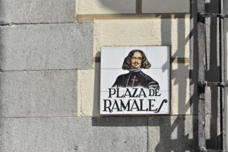 Madrid, Spain, Europe, Traditional street sign on a wall showing the Plaza de Ramales in Madrid,