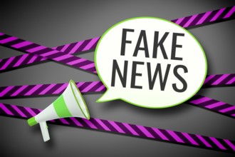 3D illustration of a megaphone and a speech bubble with the message fake
