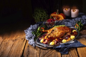 Delicious duck roasted with thyme and apple