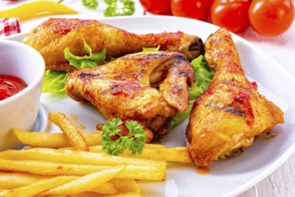 Grilled chicken wings, legs, chips and vegetables
