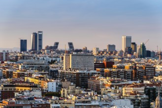 Madrid, Spain, August 24, 2020: Madrid city centre aerial panoramic view at sunset, Europe