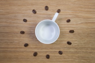 Coffee Time - Empty coffee cup and clock of coffee beans
