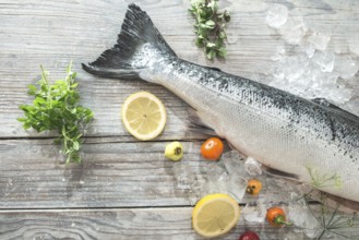 Raw salmon fish in ice and vegetables on white table. Baking paper
