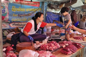 Stall of a meat trader at a market, Luang Prabang, Laos, Asia