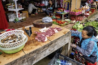 A close-up view of a market stall selling fresh fish and meat, a vendor preparing food, selling