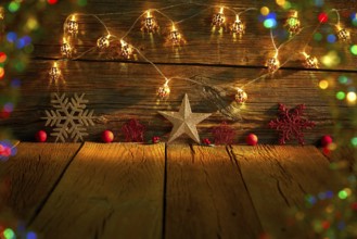 Christmas snowflake star vintage rustic wooden background decoration
