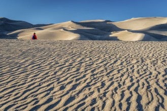 Lost in the sea of sand - a lonely hiker in a dunefield in Great Sand Dunes National Park, Colorado