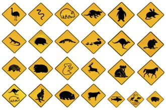 Australian warning signs for wildlife animals: Emu, Echidna, Tasmanian Devil, Wombat, Kangaroo,
