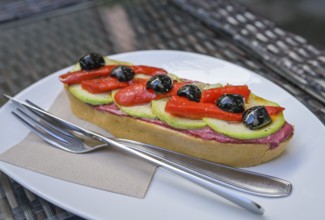 Bread with olives, peppers, avocado and beetroot, tapas in Tenerife, Spain, Europe
