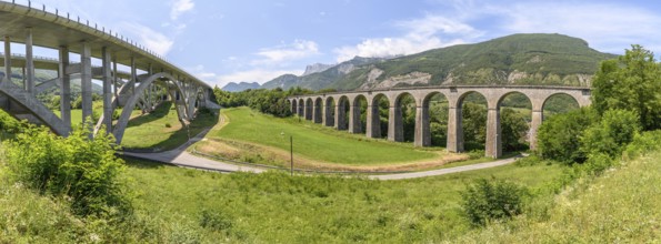 Crozet railway viaduct and Crozet motorway viaduct in Isère. France. A51 motorway. City of Vif