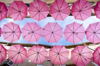 Colorful umbrellas canopy adorning a cozy european alleyway under bright daylight. Grasse, Provence
