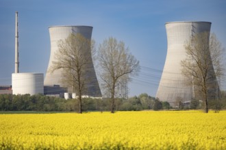 The two large cooling towers of the former Gundremmingen nuclear power plant, in the foreground a