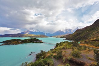 Beautiful Patagonia. Snow-capped mountains and emerald lake. Park Torres del Paine in southern
