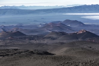 Beautiful volcano landscape of Kamchatka Peninsula: series of cinder cones and lava fields of