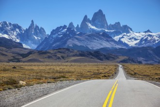 Sunny day in February in Argentine Patagonia. Excellent asphalt road to the majestic Mount Fitz Roy