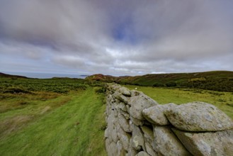 Hilly landscape with green meadows and stone wall, dry stone wall on the edge of Snowdonia National