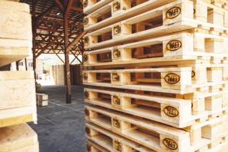 Kyiv, Ukraine - September 20, 2019: Close up of Piles of EPAL pallets outdoors