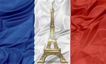 The national waving flag of France. Blue, white red background with gold Eiffel Tower symbol