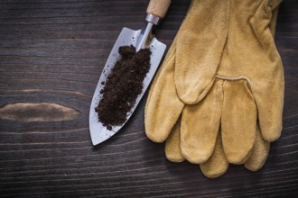 Hand spade with soil and leather safety gloves on vintage wooden background gardening concept