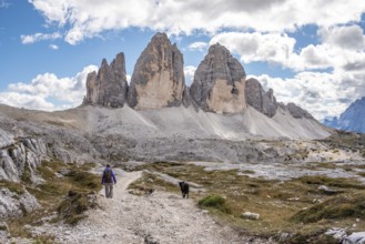 A female person hiking lonely with her dog around the Drei Zinnen mountains, the Dolomites in South