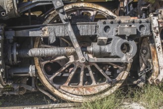Details of an old steam locomotive. Close up wheels. Bulgaria