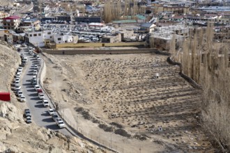 Leh, India, April 2, 2023: High angle view of the Islamic cemetery, Asia