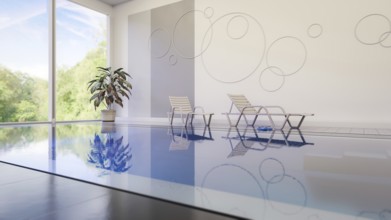 A private indoor pool with sun loungers. 3D illustration