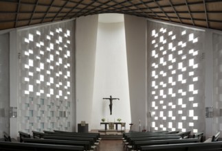 Built in 1963 by Walter and Rainer Blaich, view to the altar, wooden ceiling in the shape of a