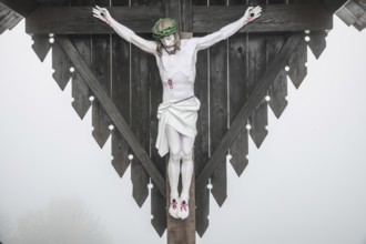 Autumn atmosphere, Christ on the cross, wayside shrine, near Kitzeck, Sausal, Styria, Austria,
