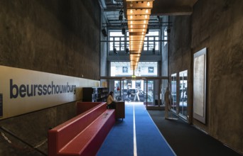 Brussels, Belgium, 11 10 2018: Interior with neon lights of the Beursschouwburg, the Flemish