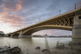Bridge in the morning. One of the famous road bridges over the Danube. Landscape and architecture