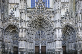Gothic-style west façade of Saint-Gatien Cathedral, Tours, Indre-et-Loire department, Centre Val de