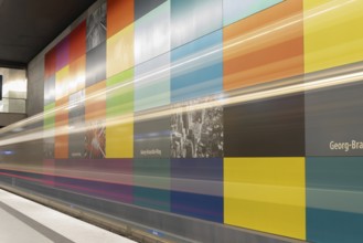 MUNICH, GERMANY, JANURAY 01, 2023, Colorful wall of the subway station Georg-Brauchle-Ring in