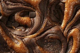 Chocolate cake crop macro texture, golden light, studio shot