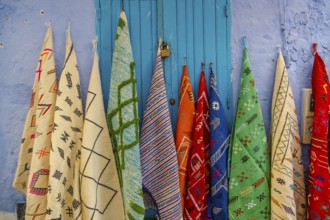 Colorful Rugs in Chefchaouen, Morocco, Africa