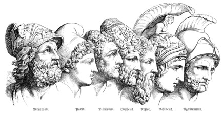 The heroes of the Trojan War: Menelaos, Paris, Diomedes, Odysseus, Nestor, Achilles, Agamemnon