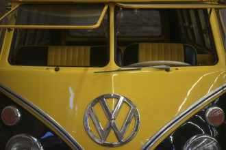 Mainz, Germany - November 04, 2017: The front view with windscreen and logo of an old VW Bus